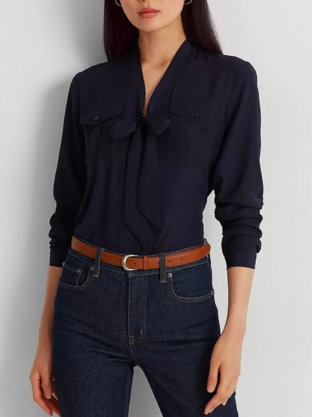 🔥LAUREN Ralph Lauren Navy Bow-Tie Button Front Blouse